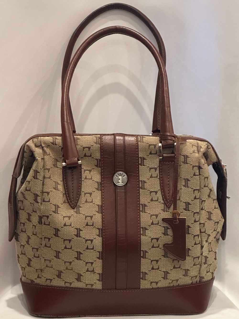 Vintage Joyce Monogram Canvas Leather Trim Frame Satchel Bag